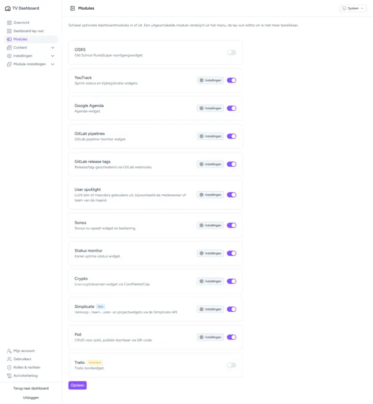 Het modulescherm van het TV Dashboard, waar per installatie wordt bepaald welke blokken meedoen.