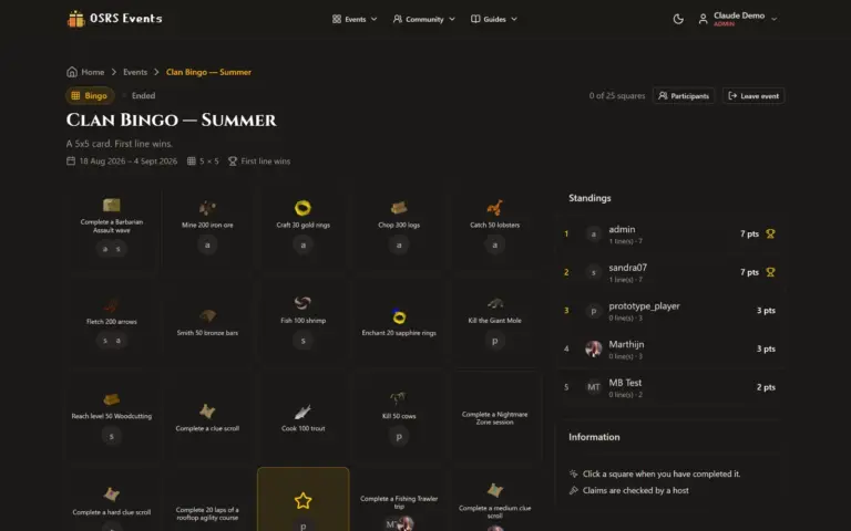 Een bingobord in OSRS Events, met de vakjes die een clan kan afstrepen.