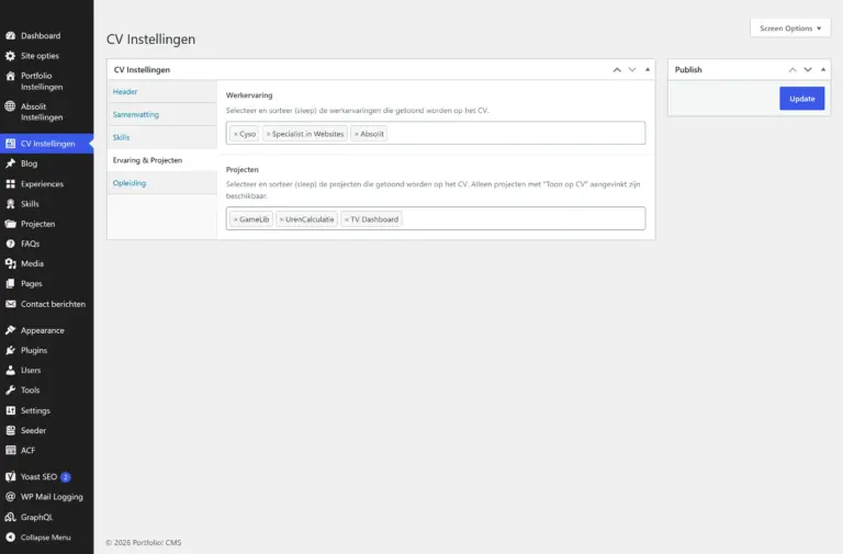 De CV-instellingen in het CMS, waar je kiest welke projecten op het cv komen.