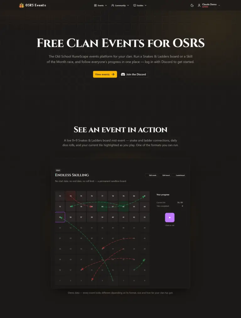De voorpagina van OSRS Events, met daaronder een levend bord als voorbeeld.