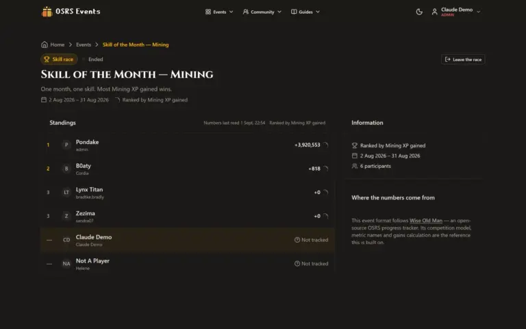 Een skillrace in OSRS Events, waarvan de standen zich verifieren tegen de officiele scorelijsten.